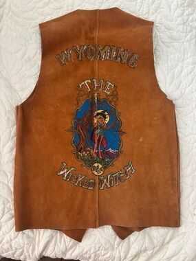 Vintage Brown Leather Vest with 'Wyoming The Wicked Witch' Graphic M
